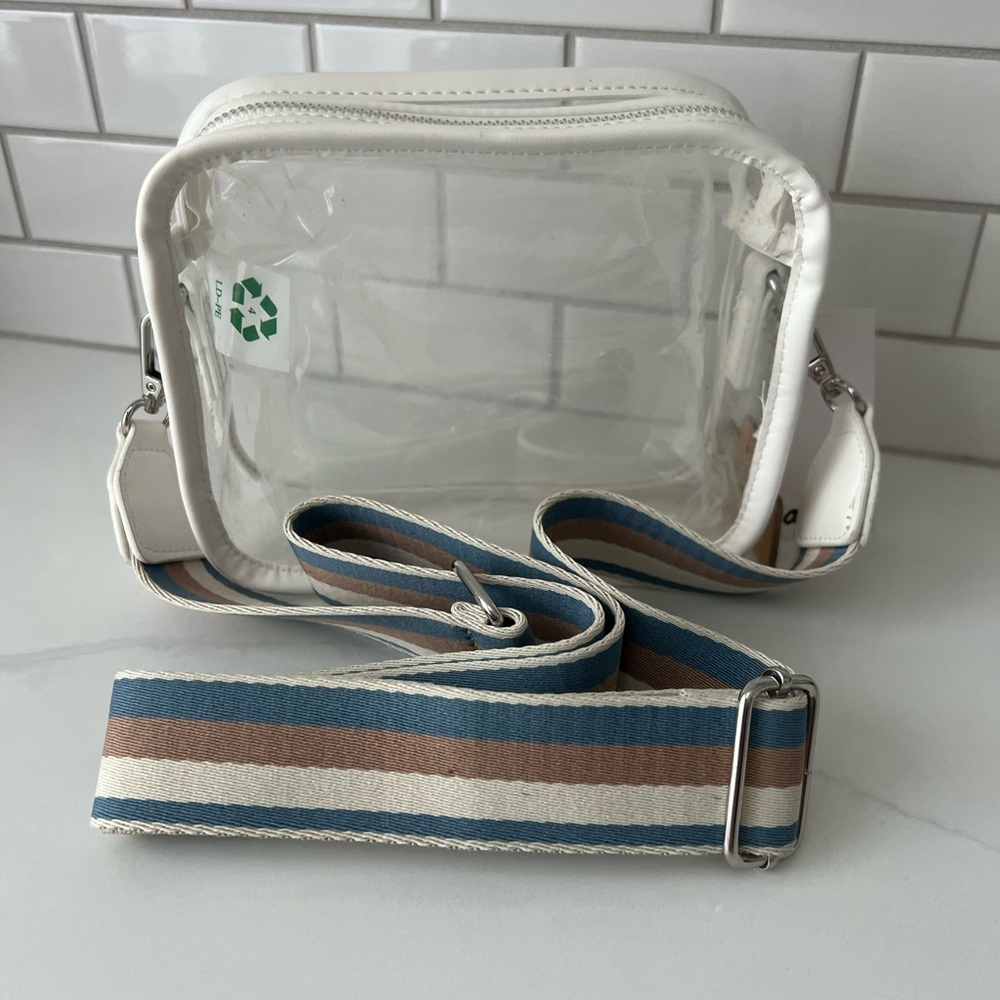NWT- White Clear Crossbody Bag with Striped Adjustable Strap.